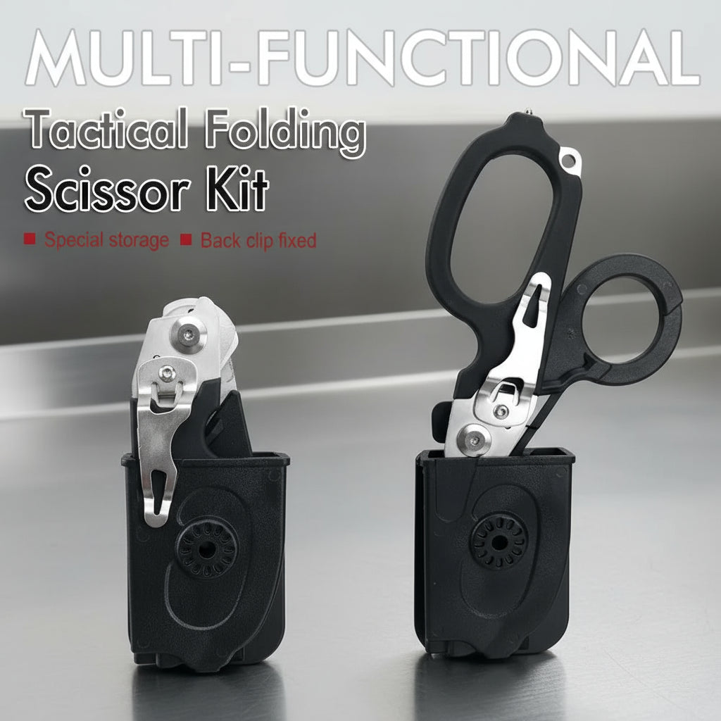 Multi-functional tactical folding scissor kit with black sheath on a white background