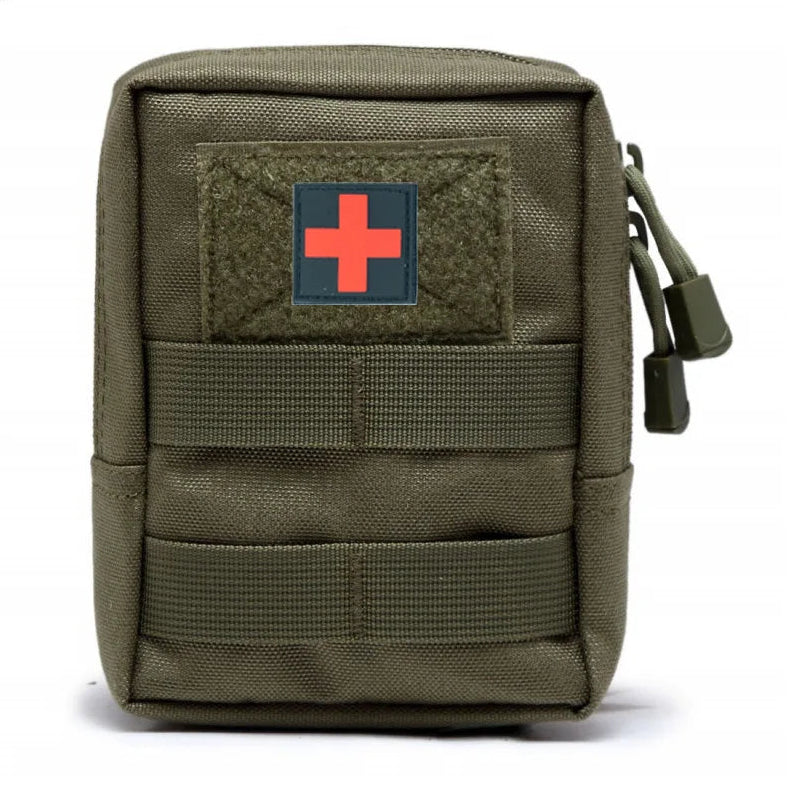 Green tactical pouch with a red cross patch on a white background