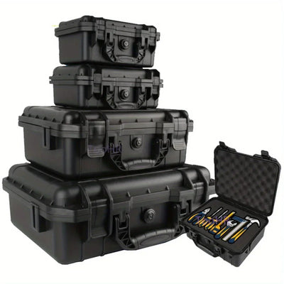 Stack of black tool cases with an open one revealing tools on a white background