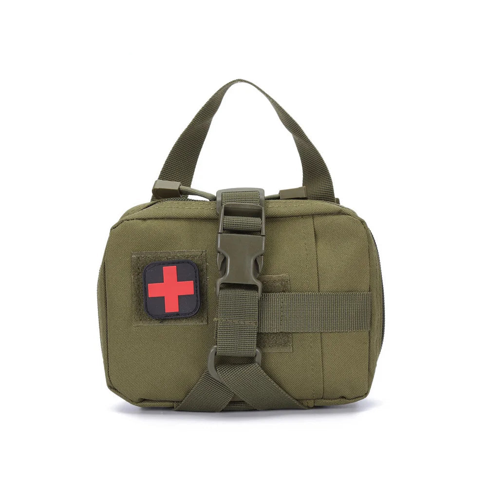 Green tactical pouch with a red cross patch on a white background
