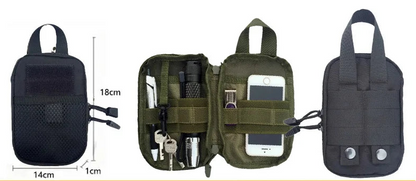 Three styles of tactical pouches with measurements and contents displayed.