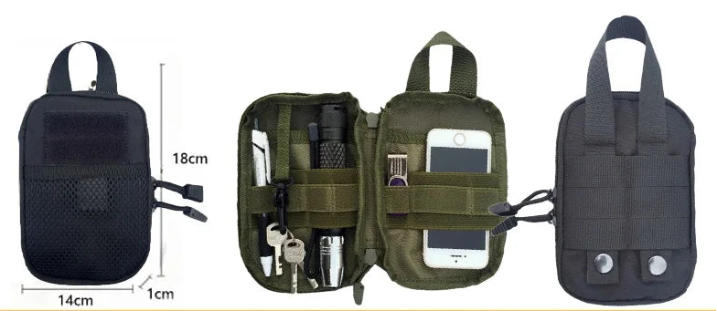 Three styles of tactical pouches with measurements and contents displayed.