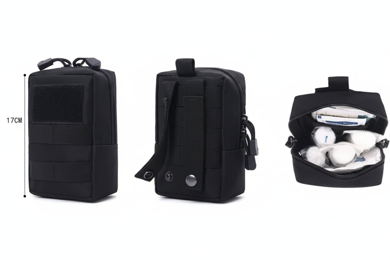 Three styles of tactical pouches with measurements and contents displayed.