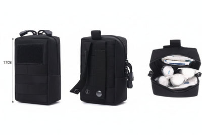 Three styles of tactical pouches with measurements and contents displayed.