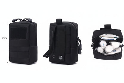 Three styles of tactical pouches with measurements and contents displayed.