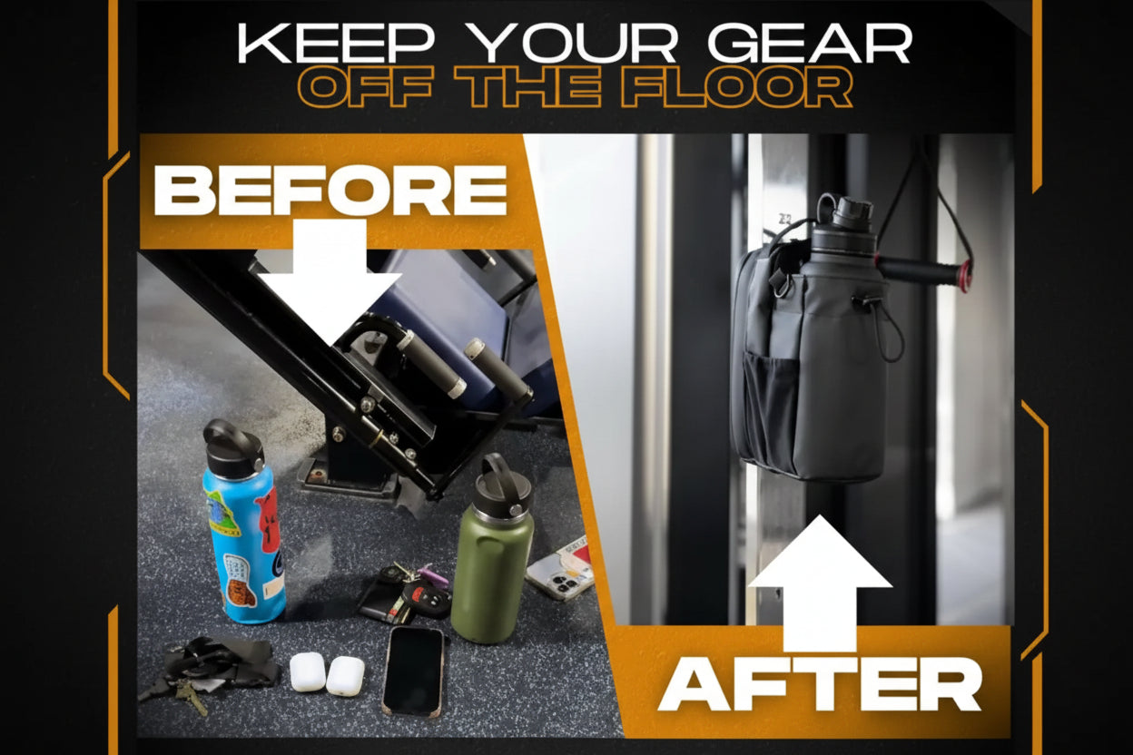 Before and after comparison of gear organization with bags hanging on a refrigerator.