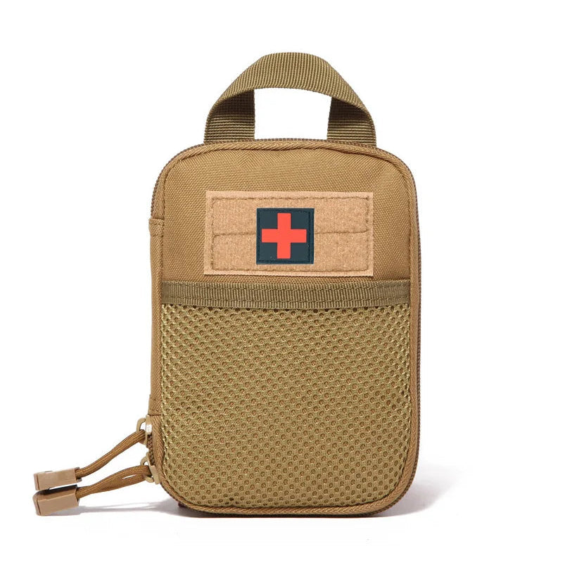 Kangaroo pouch with a red cross patch on a white background