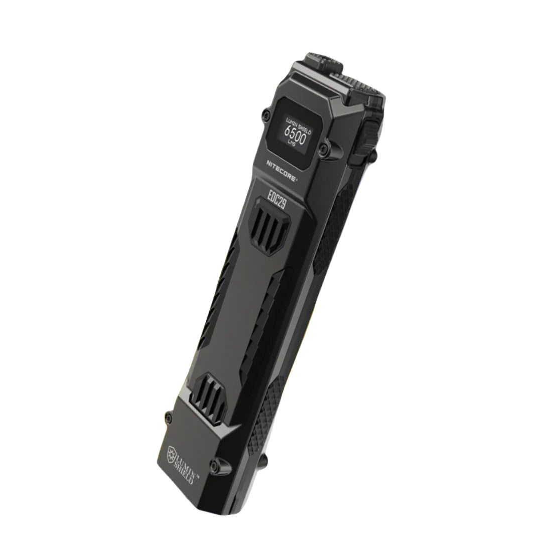 Nitecore EDC29 flashlight with 6500 lumens on a yellow and white background