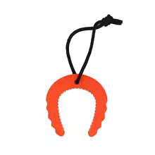 Orange hair clip with a black string on a white background