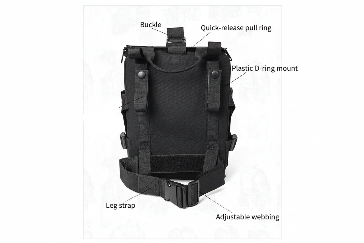 Black tactical backpack with labeled components on a white background
