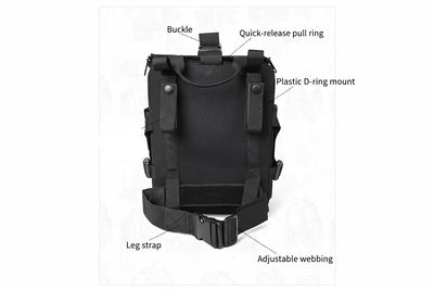 Black tactical backpack with labeled components on a white background