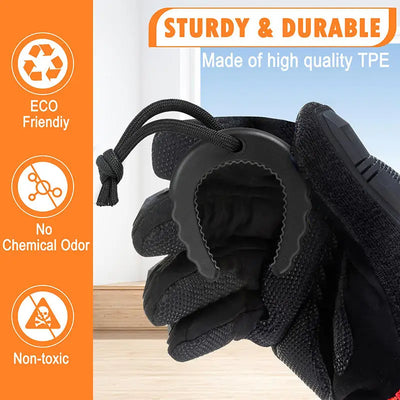 Black gloves with text highlighting features like durability, eco-friendliness, and non-toxicity on an orange background.