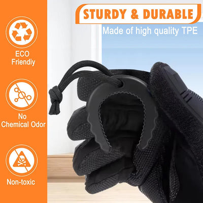 Black gloves with eco-friendly, durable, and non-toxic features on an orange and white background.