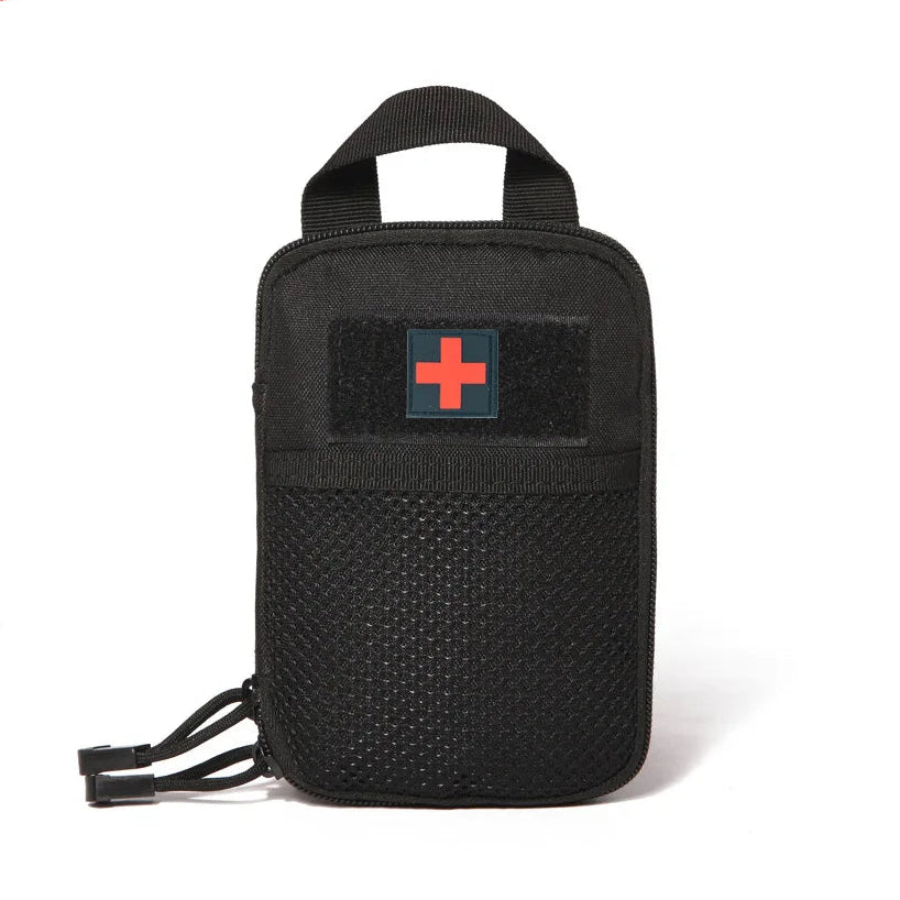 Black tactical pouch with a red cross on a white background