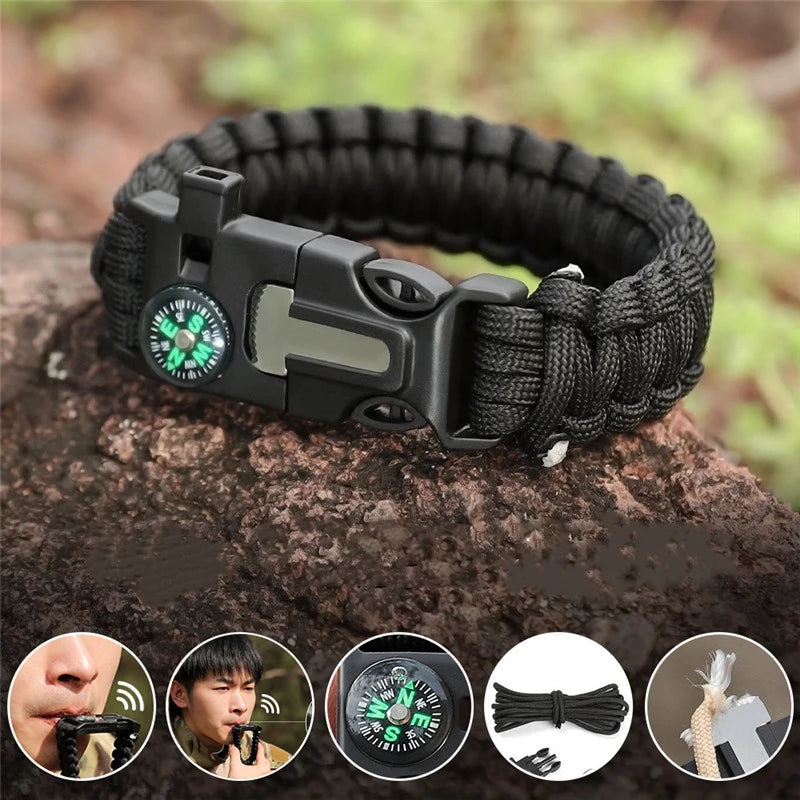 Black paracord survival bracelet with compass on a rock, surrounded by smaller images showing its uses.