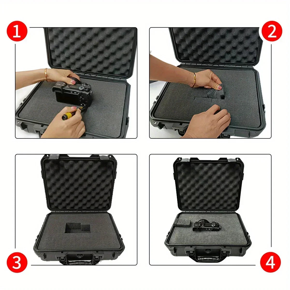 Step-by-step process of using a black hard-shell protective case for a camera.