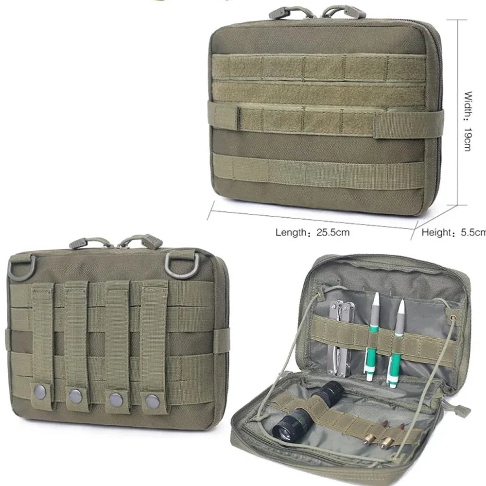 Tactical pouch with straps, dimensions, and open view showing contents on a white background.