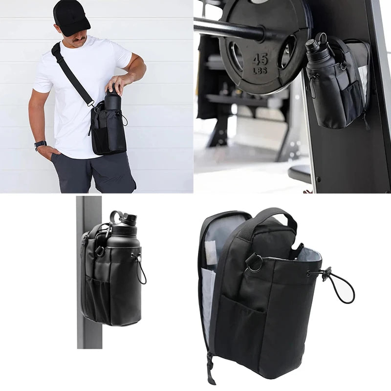 Black crossbody bag with water bottle holder attached to gym equipment