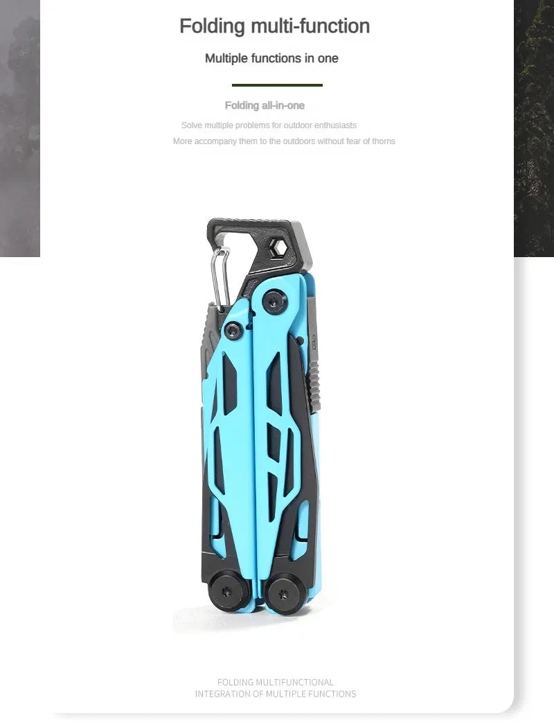 Blue and black multi-functional folding tool on a white background