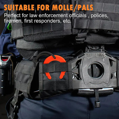 Tactical vest with MOLLE/PALS compatible attachments on a person wearing a blue uniform.