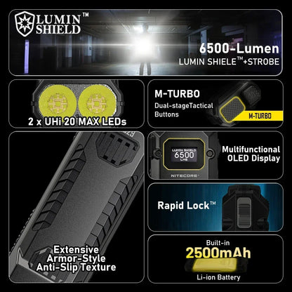 Lumin Shield flashlight with features highlighted on a dark background
