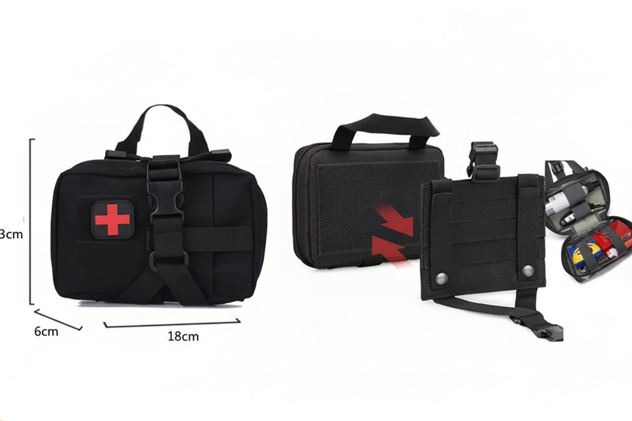 Three styles of tactical pouches with measurements on a white background