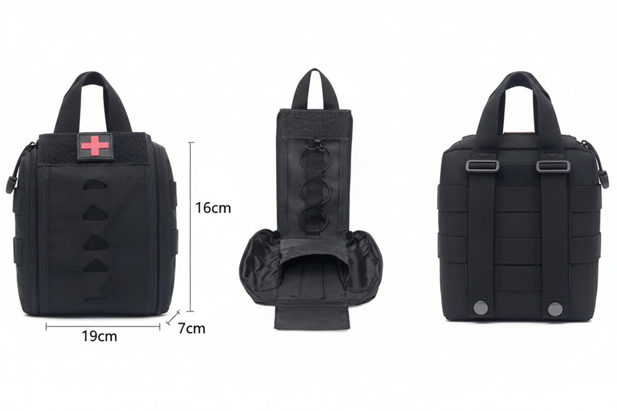 Three styles of tactical pouches with measurements on a white background