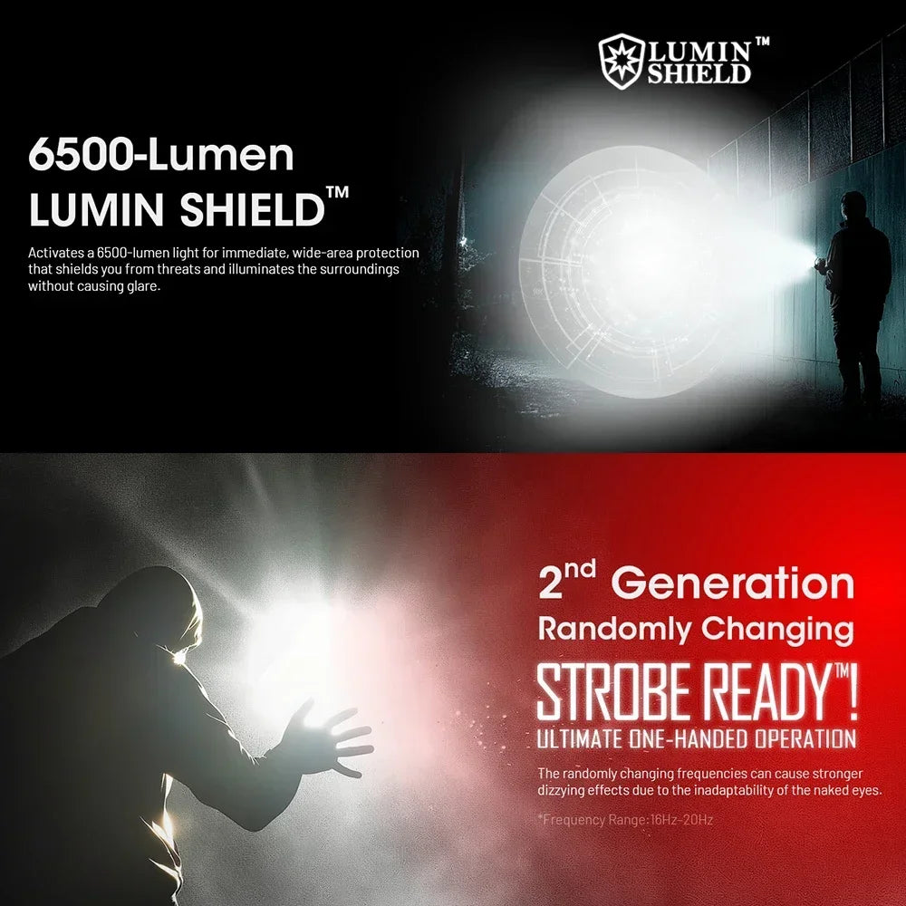 Lumin Shield flashlight with text highlighting features on a dark background