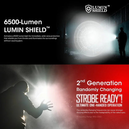 Lumin Shield flashlight with text highlighting features on a dark background