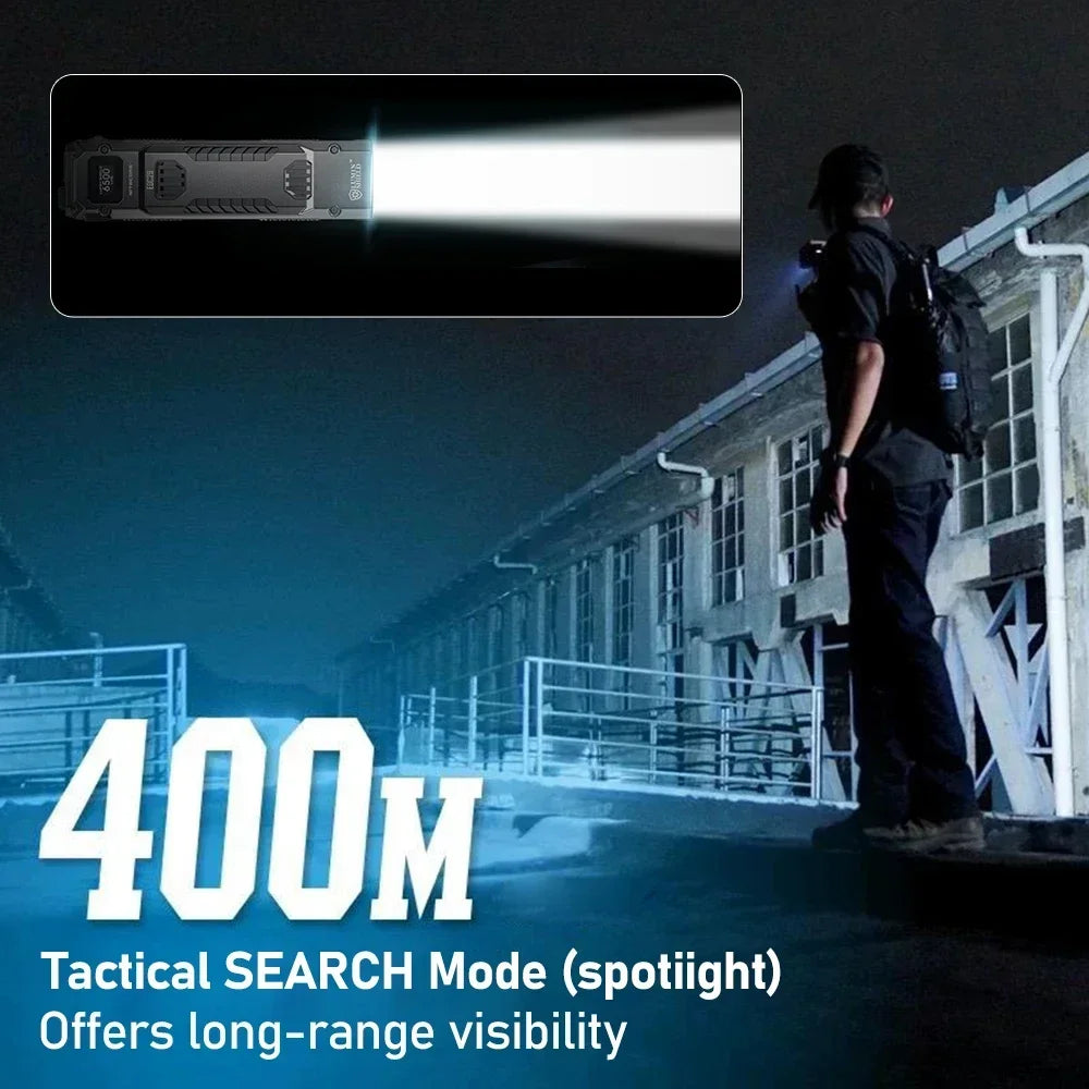 Person with backpack using a flashlight in a dark setting, highlighting 400-meter search mode feature.