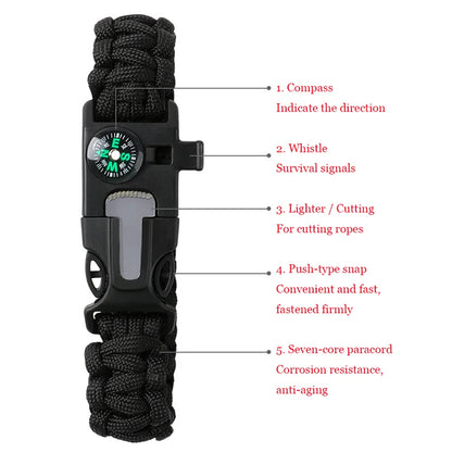 Multifunctional survival tool with compass, whistle, lighter, and paracord on a white background