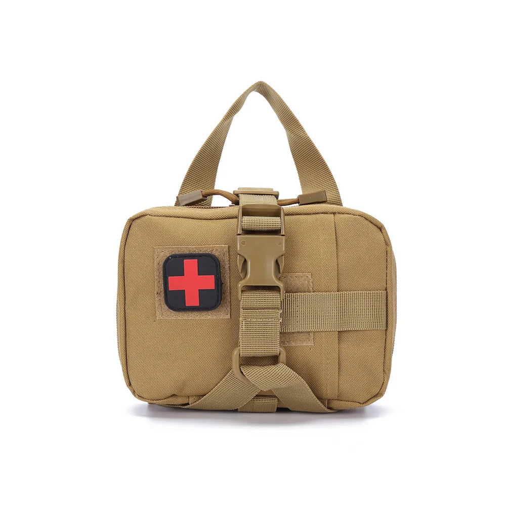 Tan tactical医疗包 with a red cross on a white background