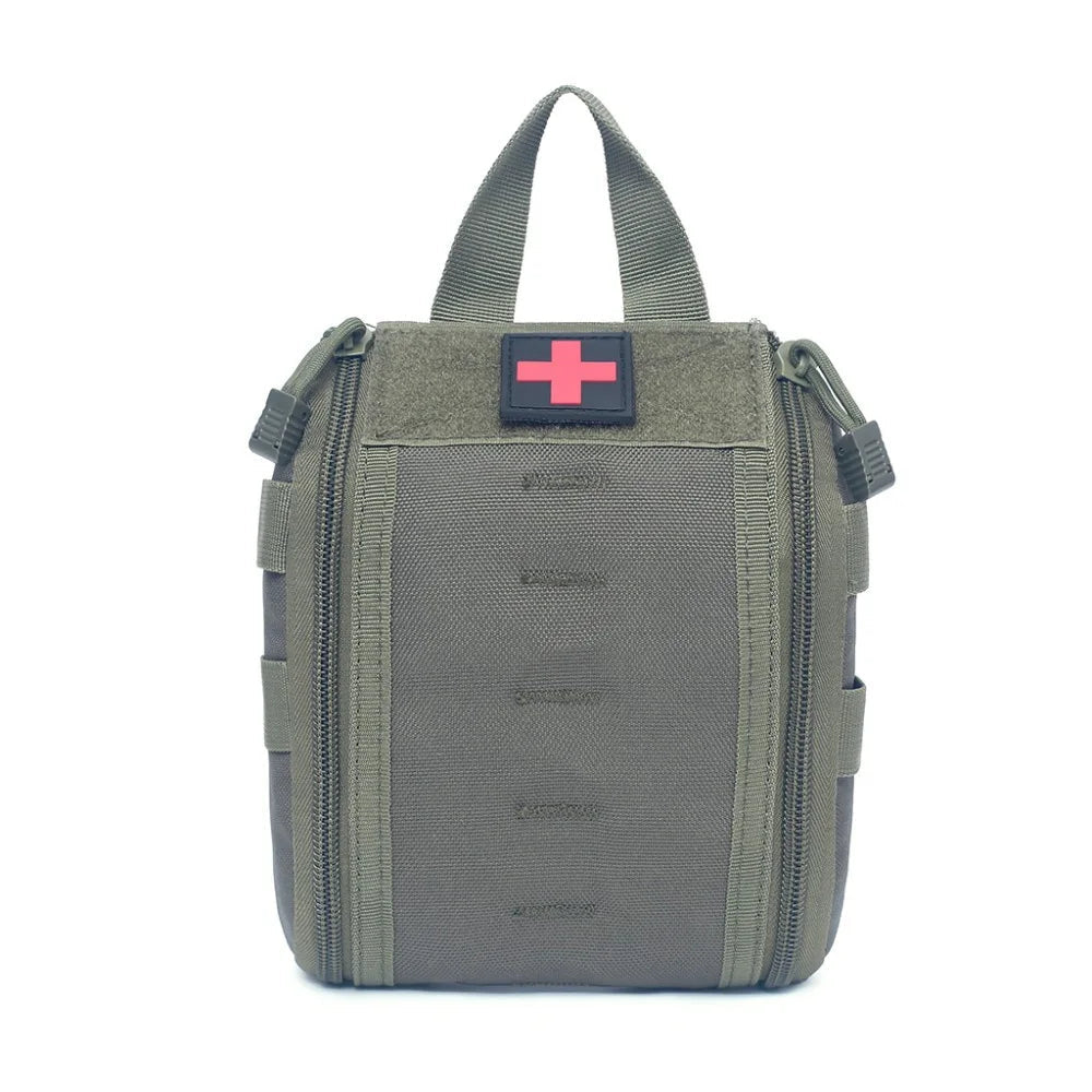 Green tactical bag with a red cross patch on a white background