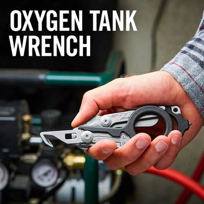 Hand holding an oxygen tank wrench with text 'OXYGEN TANK WRENCH' above.