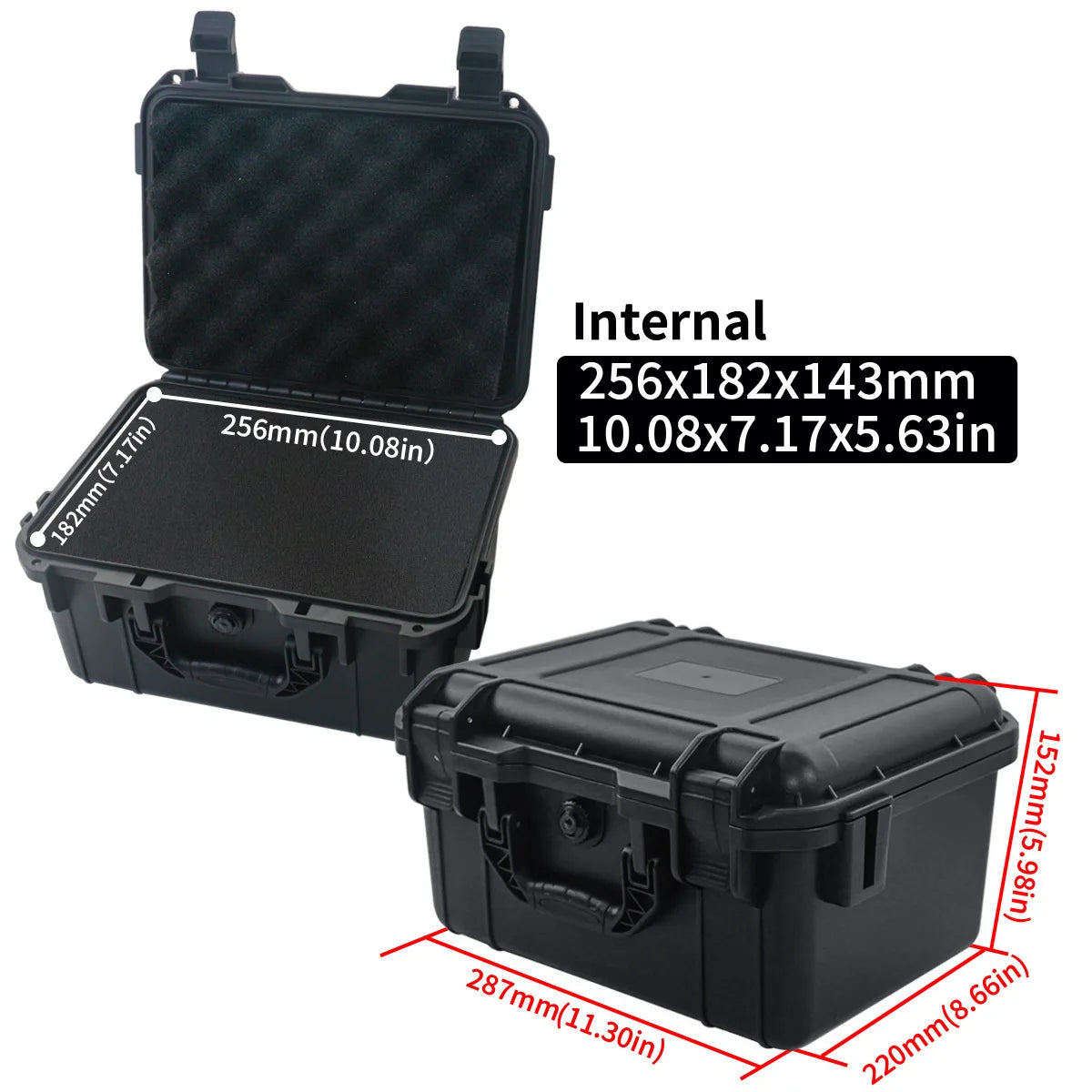 Black protective case with open lid showing internal dimensions on a white background