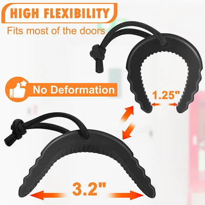 Black door stoppers with measurements and text about flexibility and no deformation on a white background.