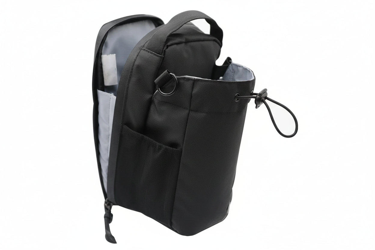 Black backpack with a clear side pocket on a white background