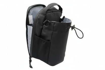 Black backpack with a clear side pocket on a white background
