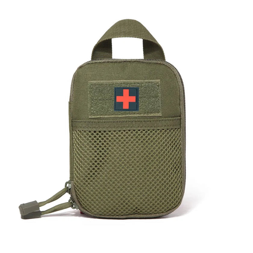 Green tactical pouch with a red cross patch on a white background