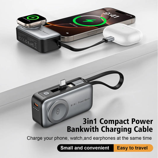 3-in-1 Portable Power Bank with Built-In Cables