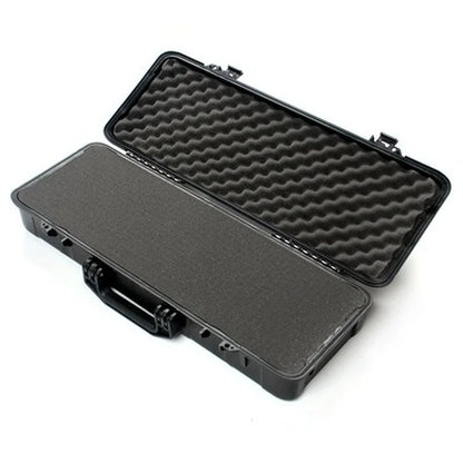 Black protective case with foam lining on a white background