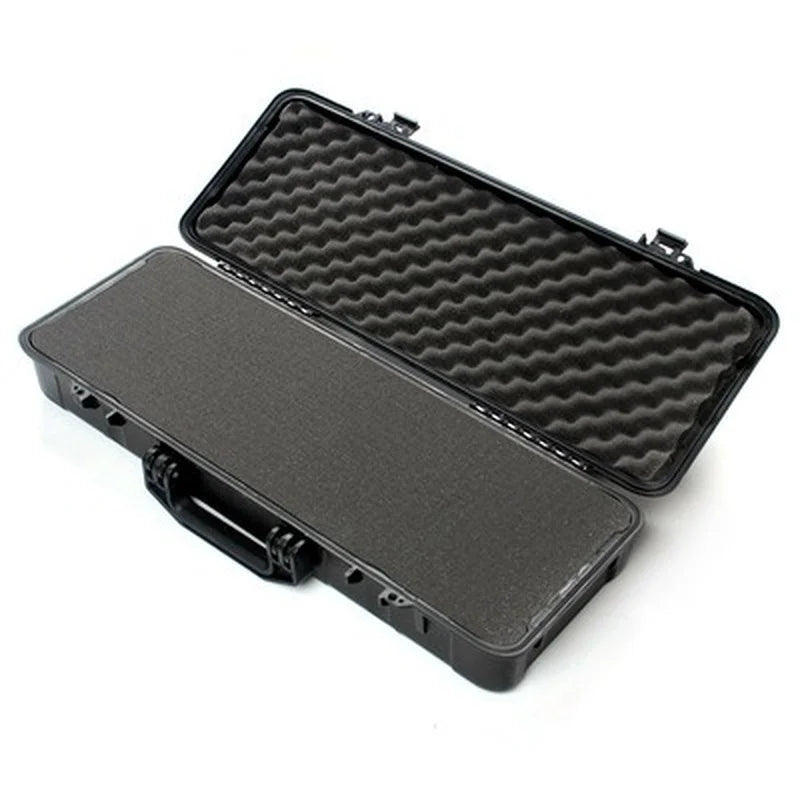 Black protective case with foam lining on a white background