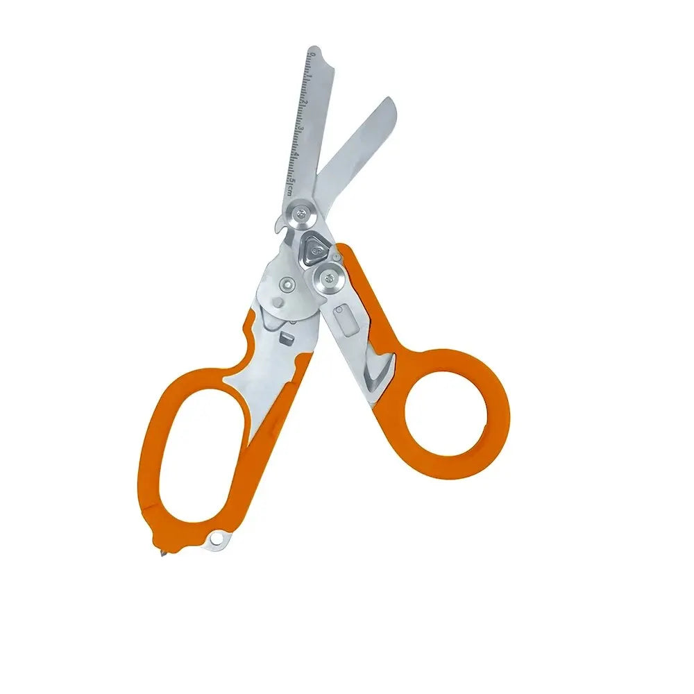 Scissors with orange handles on a white background