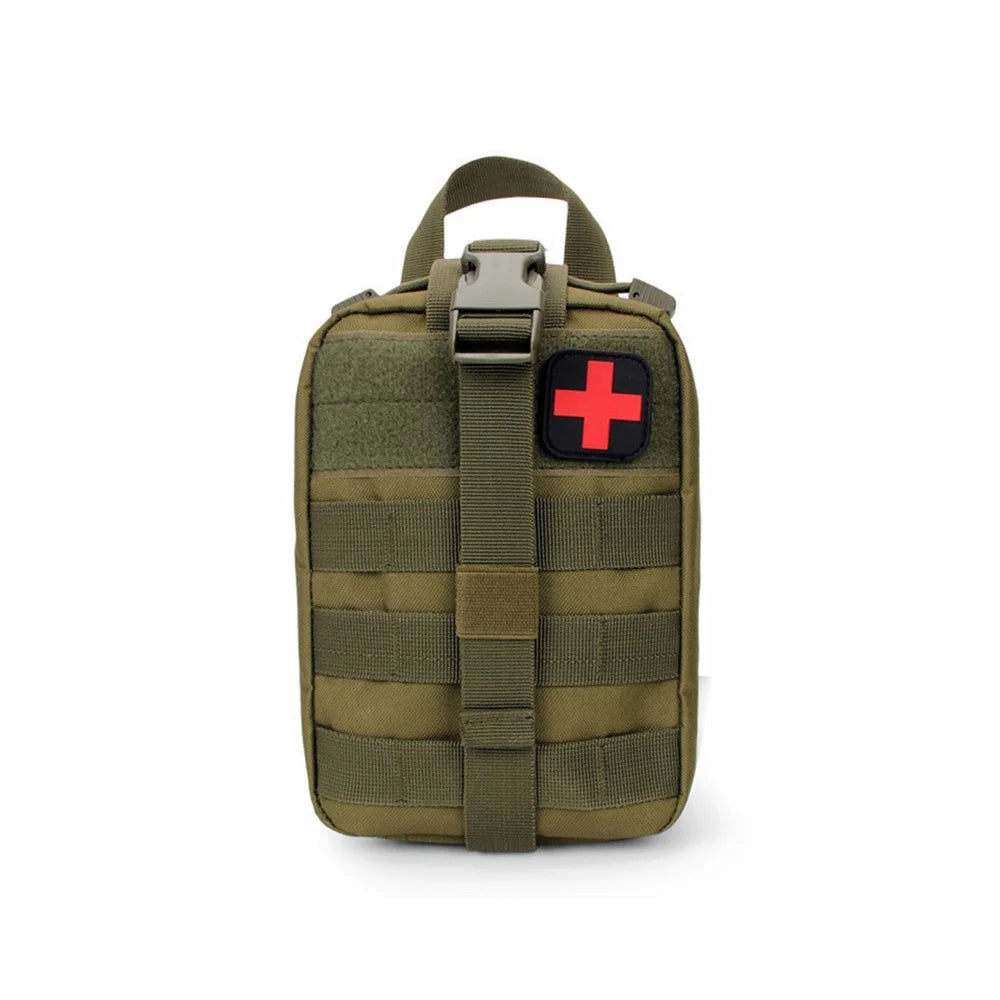 Green tactical pouch with a red cross patch on a white background