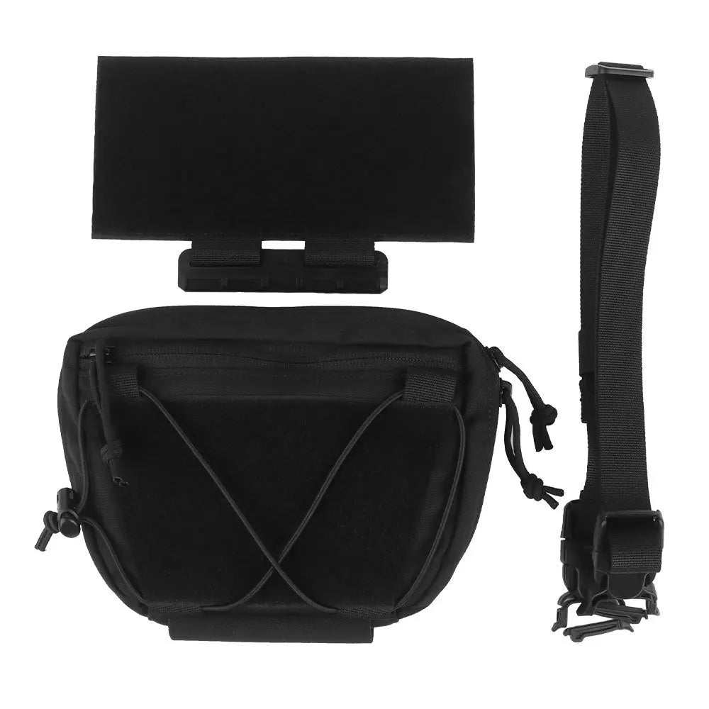 Black tactical bag with attached phone holder and strap on a white background