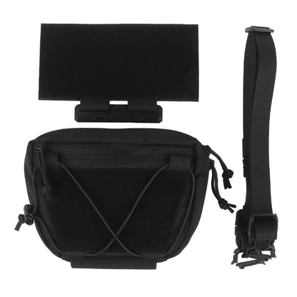 Black tactical bag with attached phone holder and strap on a white background
