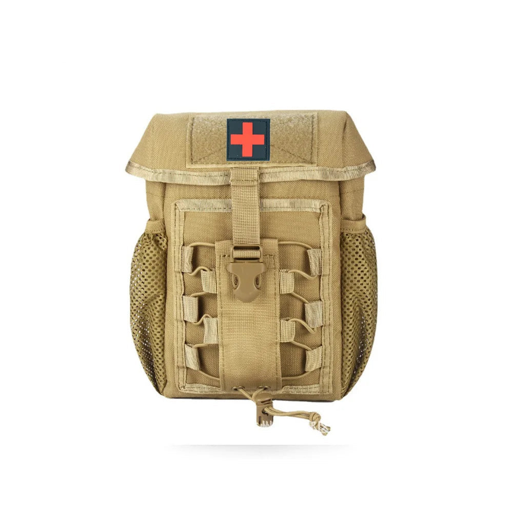 Tan tactical backpack with a red cross on a white background
