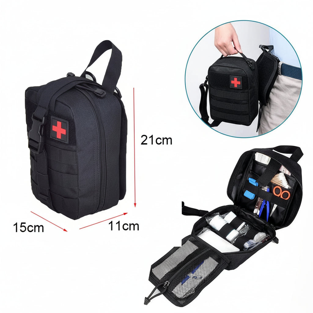 Black medical backpack with dimensions and an inset showing its use.