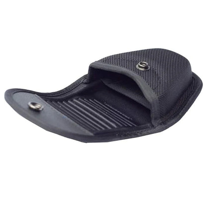 Black slip-on sandal with textured sole on a white background