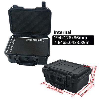 Black protective case with open lid showing internal dimensions on a white background